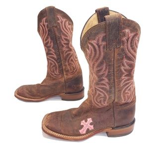 Tony Lama Brown & Pink Western Cowgirl SquareToe Boots Cross Inlay Womens Size 5